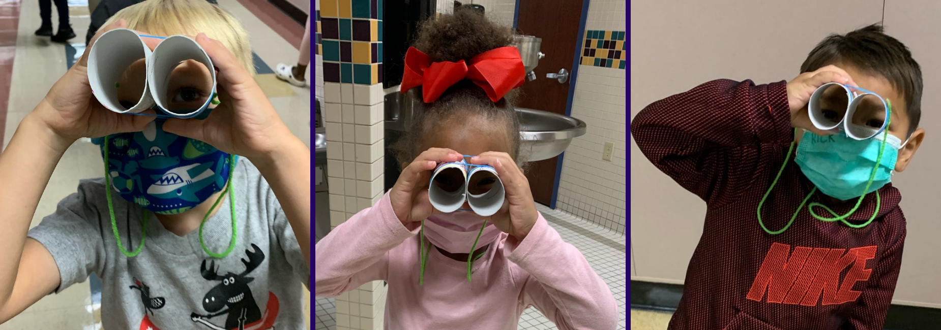 3 pictures of students with hand made binoculars
