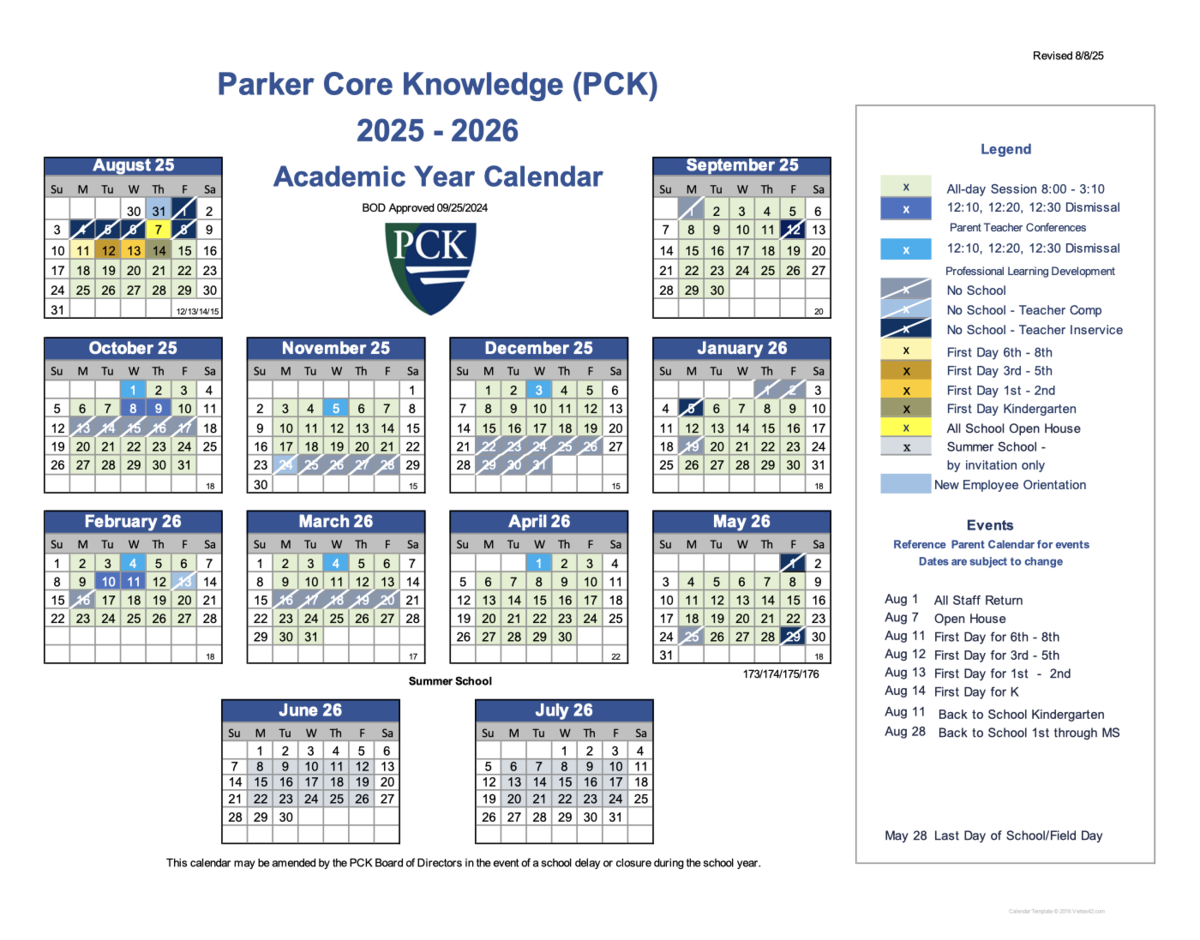 Parker Core Knowledge 2025-26 Academic Calendar
