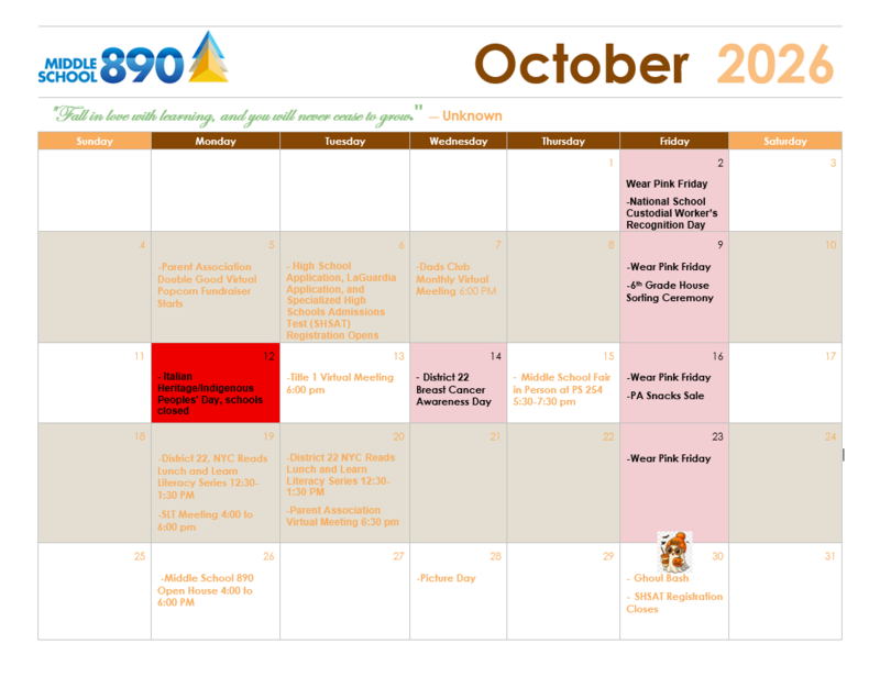 Calendar for October 2026, detailing events and school closures.