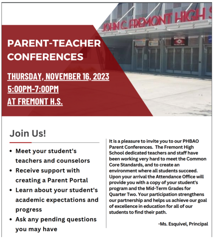 Parent Teacher Conference Night Thursday John C. Fremont High School