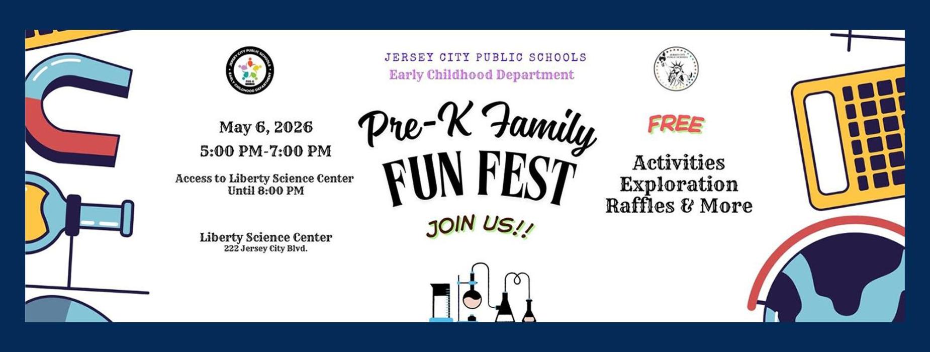 Event flyer for Pre-K Family Fun Fest with details and colorful graphics.
