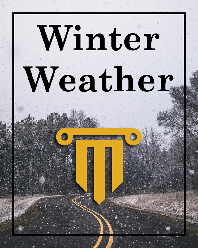Snow falling on road with the school system logo and "Winter Weather."