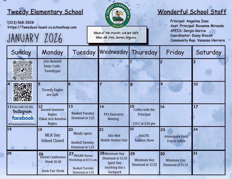 January calendar with activities for the month