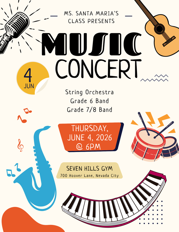 Flier containing musical instruments as the background stating the music concert is on Thursday, June 4th at 6pm in the Seven Hills Gym
