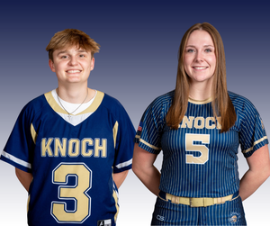 one boy athlete in lacrosse jersey and one girl athlete in softball uniform