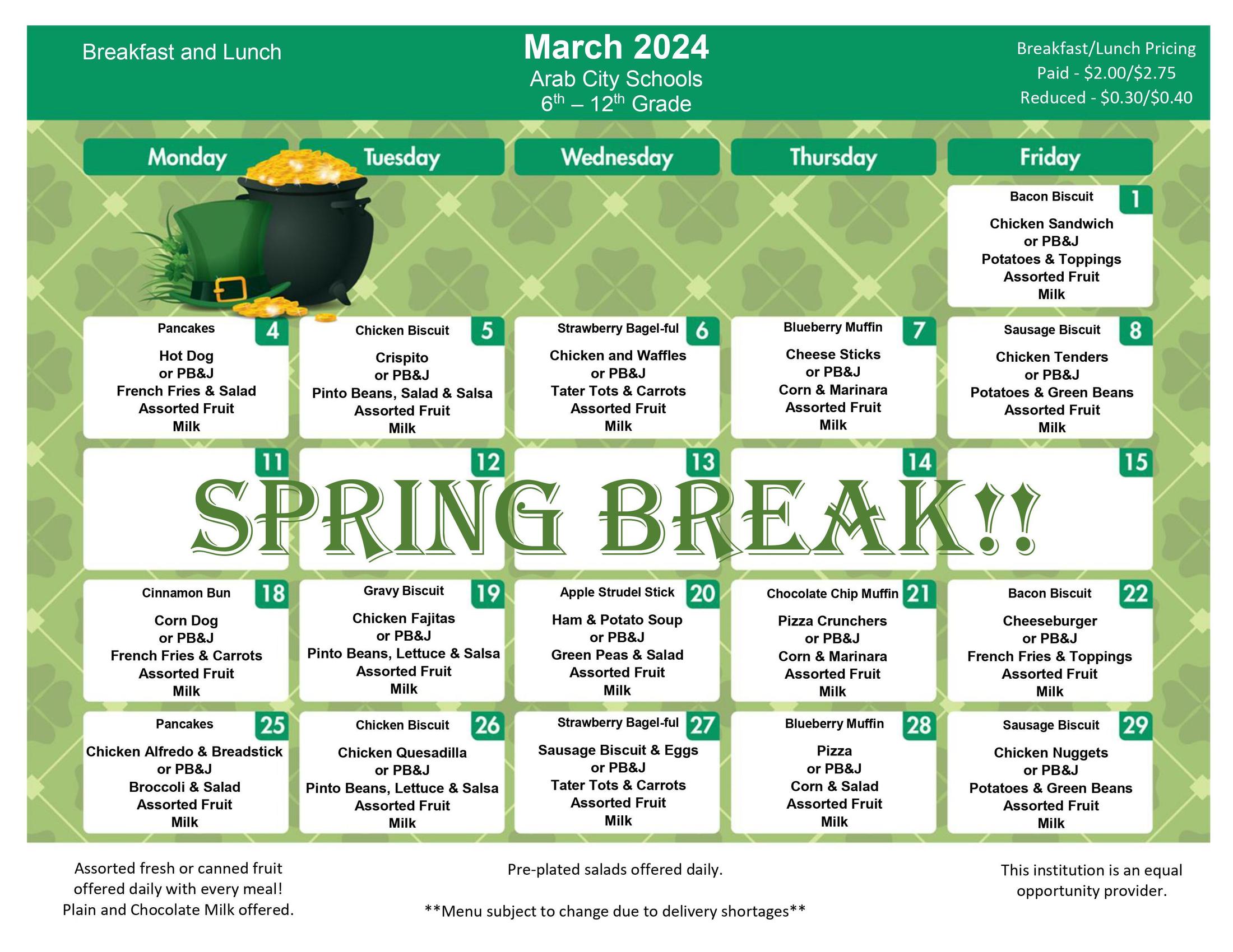 Menus Child Nutrition Program Arab City Schools