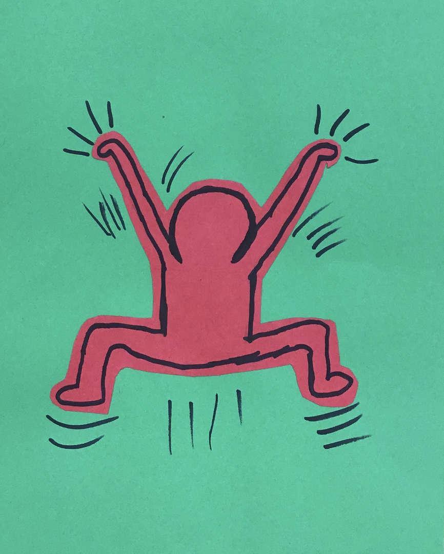 Abstract figure in red on green background, raising arms in excitement.