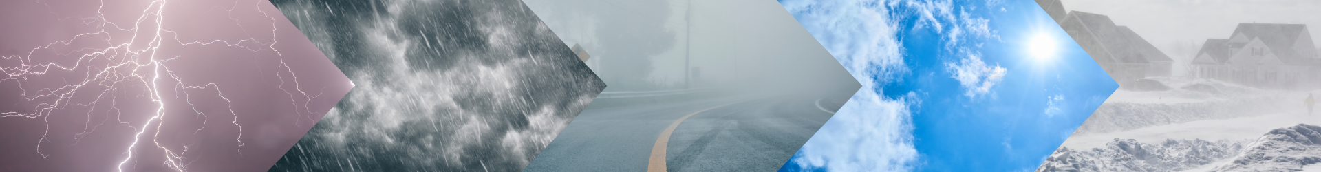 weather forecast banner with rain, lightning, fog, sun, and snow