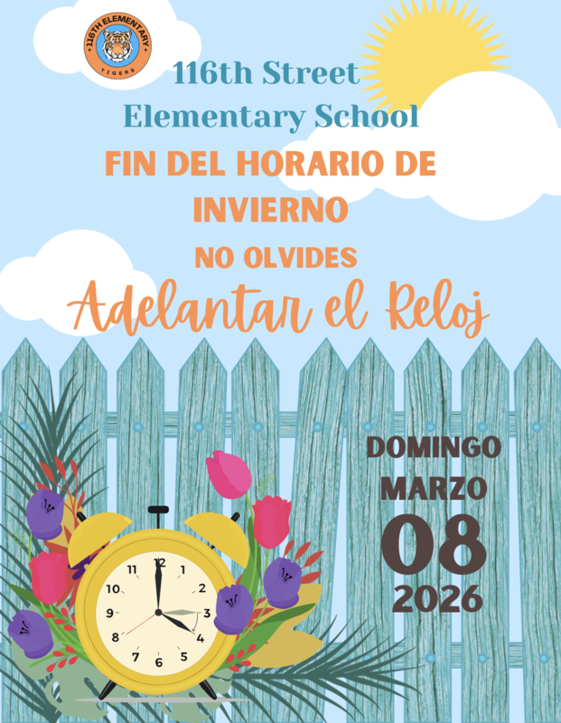 flyer with clock and flowers Spanish