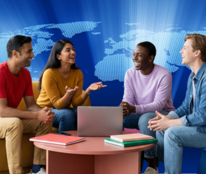 Four adults conversing around a computer on a coffee table