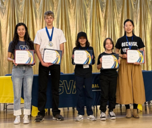 Two teachers and three students from the Mandarin Village, holding certificates