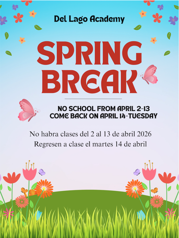 Spring break announcement with flowers, butterflies, and school details.