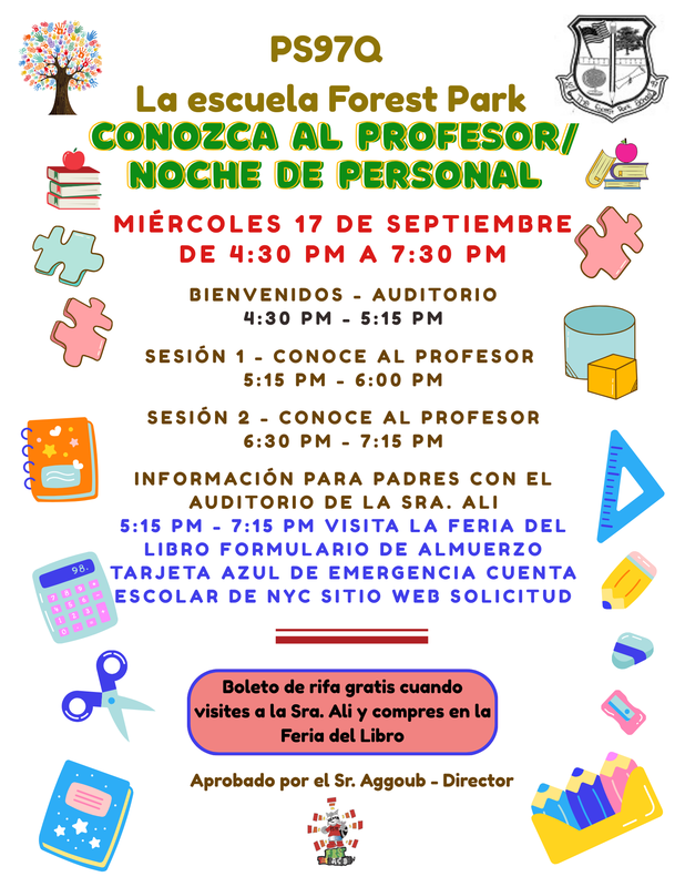 White back ground with date and time information for meet the teacher & staff night in Spanish