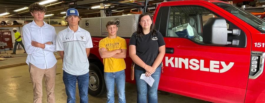 Construction Pre-Apprenticeship Kickoff at Kinsley. From Left to Right: Matthew Myers, Griffin Myers, Dalton Boyer and Isabelle Dinger.