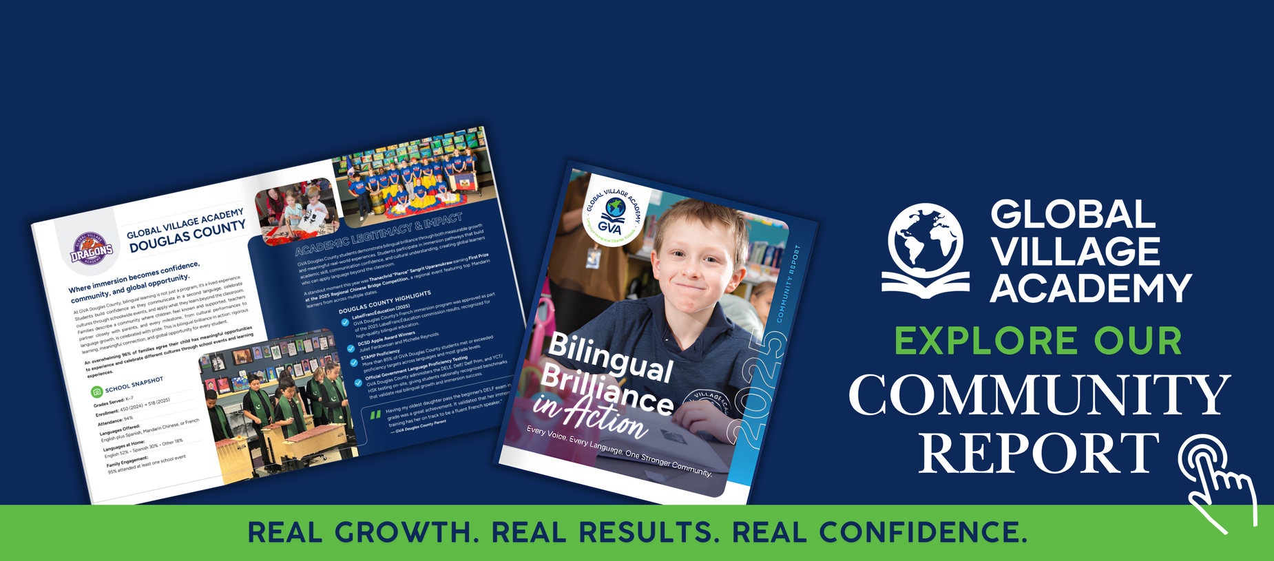 Two-page community report featuring educational highlights and student achievements.