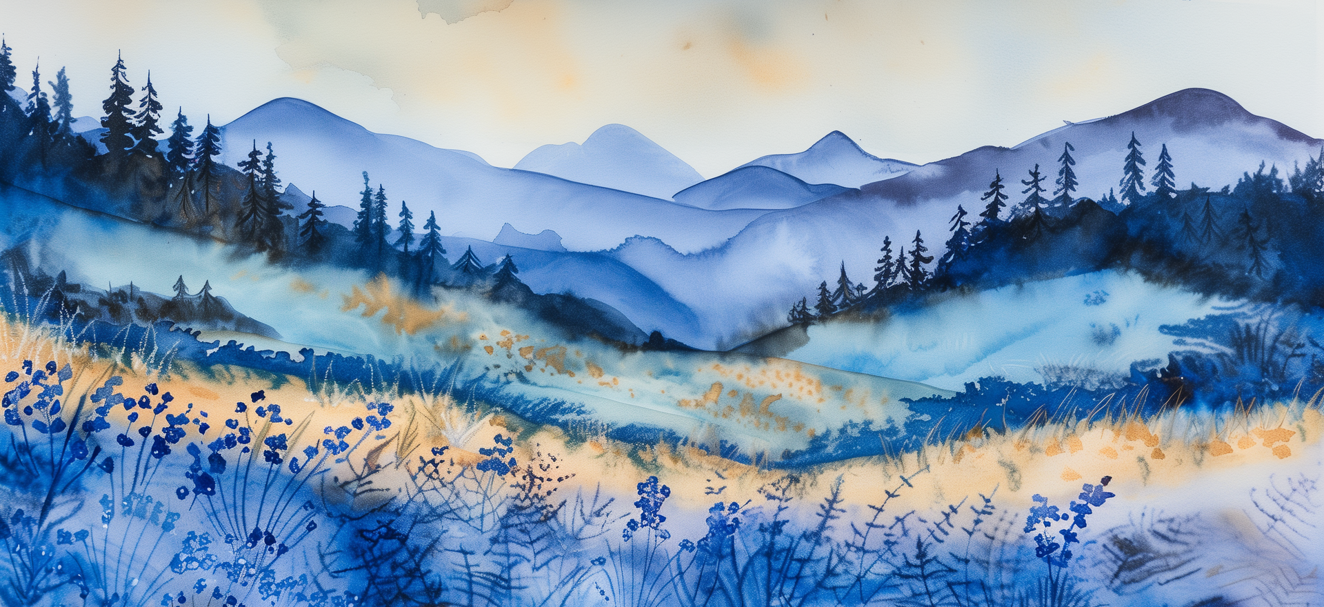 Watercolor Picture of blue mountains and a field.