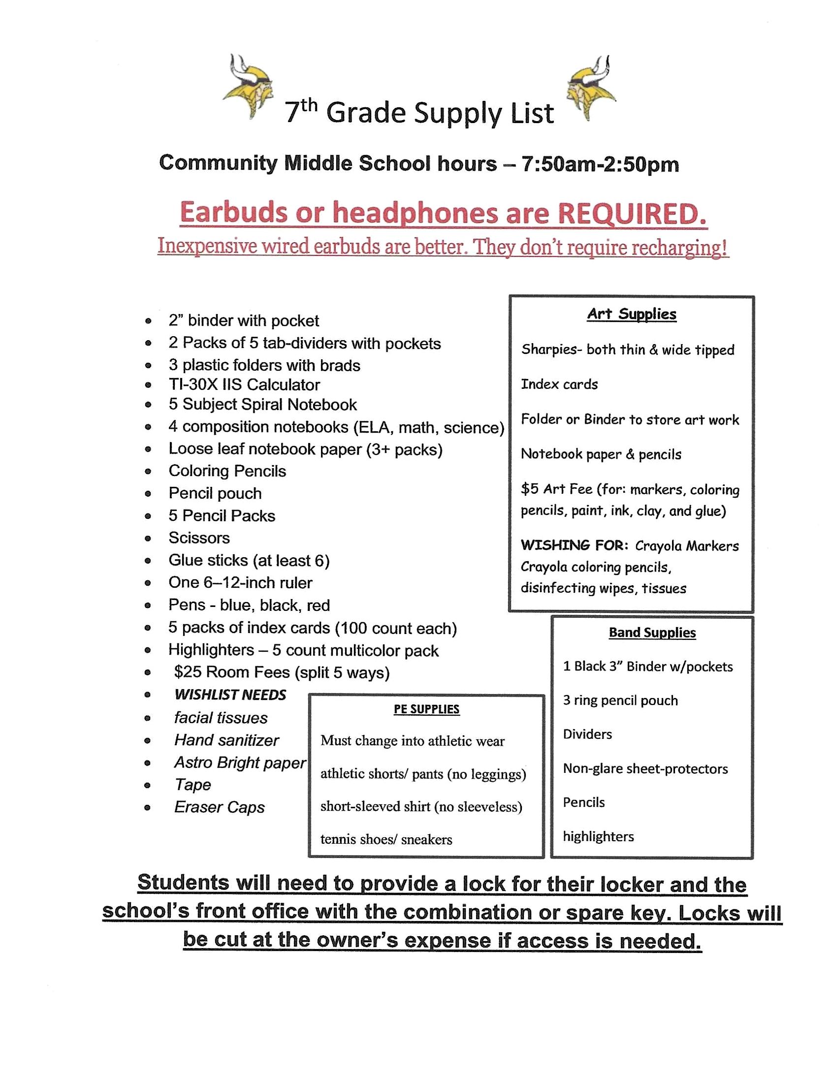 7th Grade Supply List Melissa Bartley Community Middle School