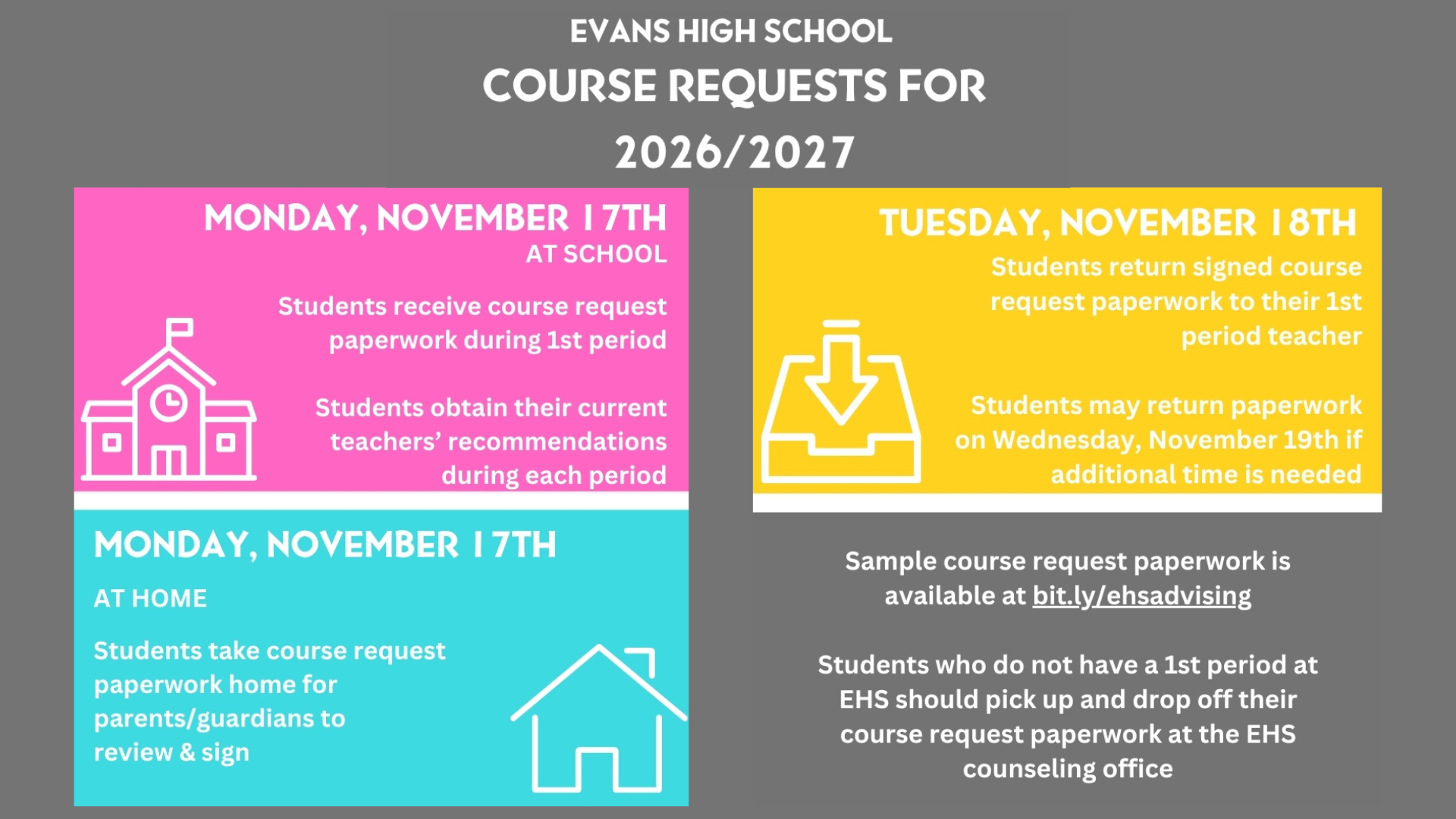 Schedule for Evans High School course requests for 2026/2027 with important dates.