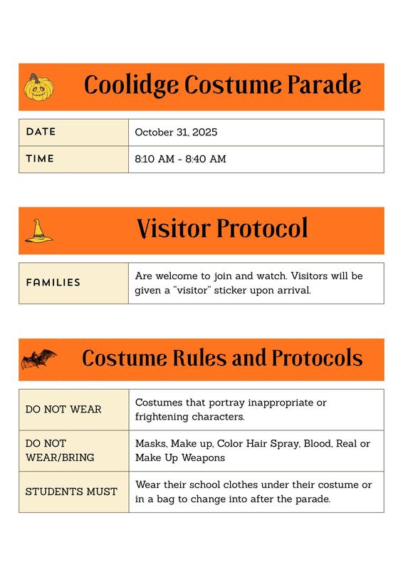 Coolidge Costume Parade announcement with date, time, visitor protocol, and rules.