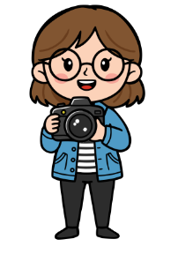 A cartoon character holding a camera and smiling.
