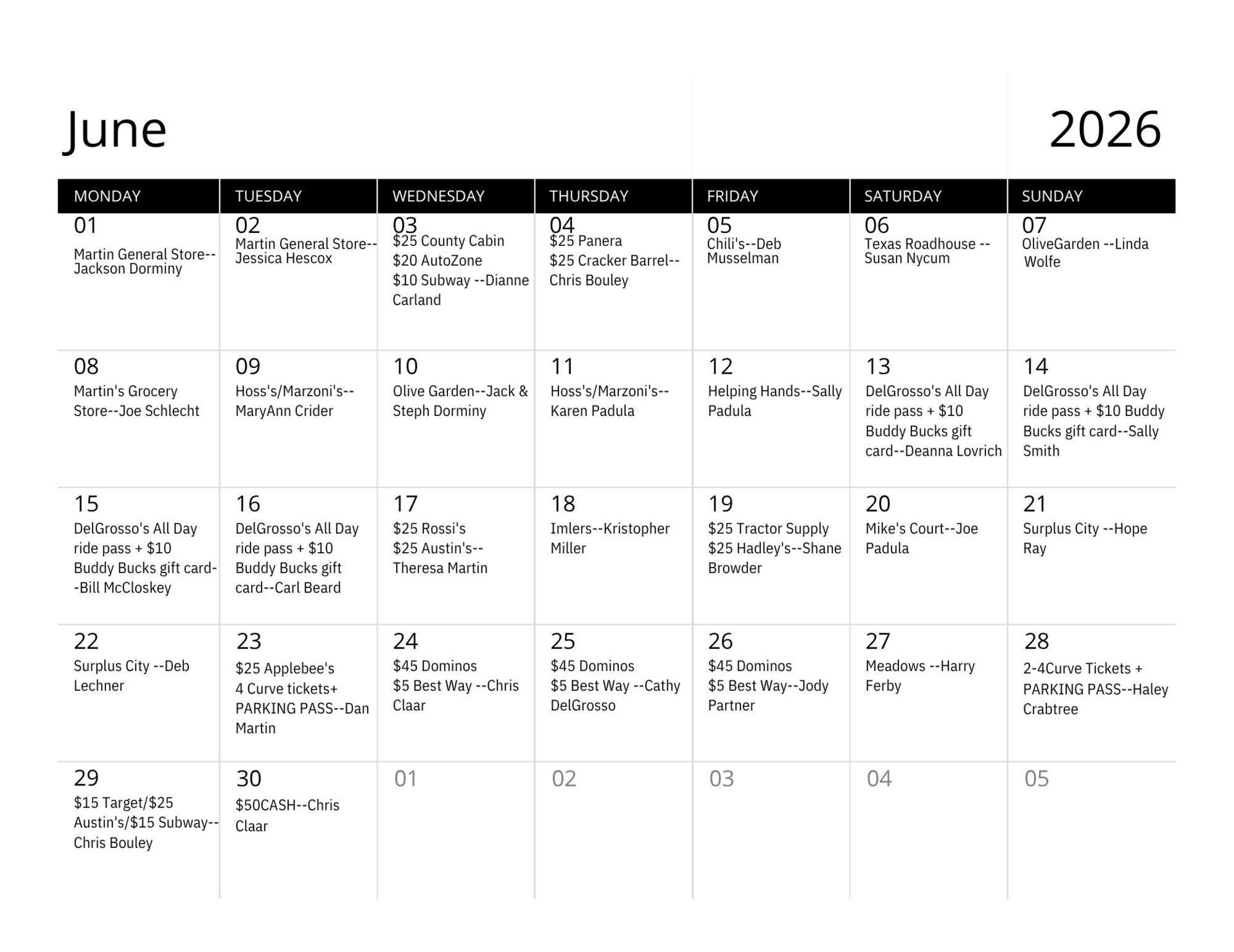 calendar of winning names and prizes