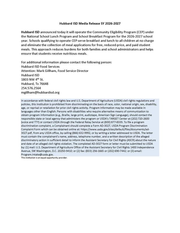 Hubbard ISD CEP Media Release SY 2026-2027