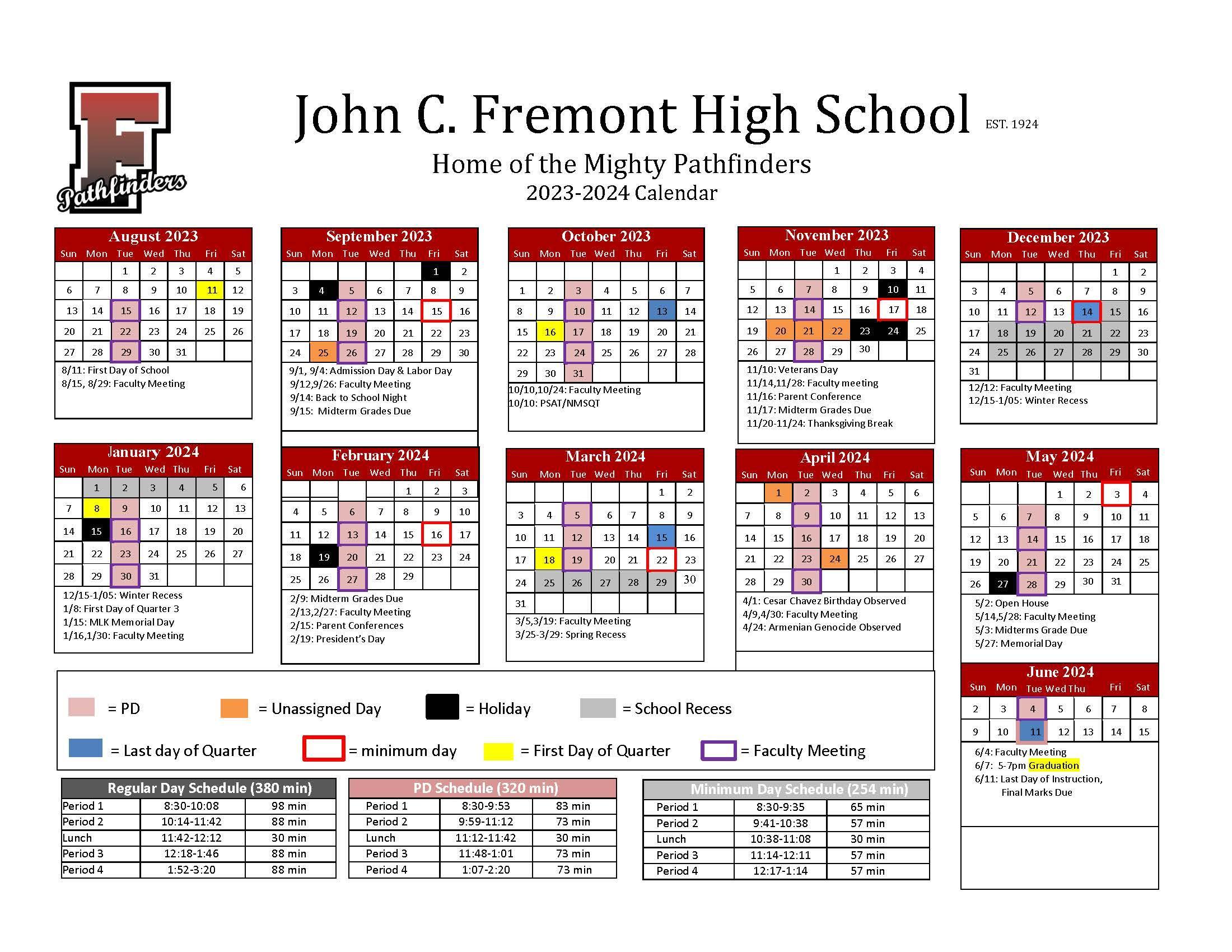 Bell Schedule & Calendar – 2023-24 School Calendar – John C. Fremont High  School