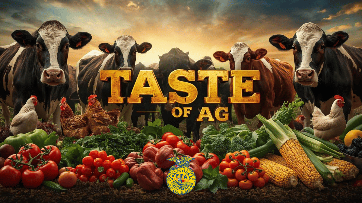 Taste of Ag banner with cows, chickens and vegetables