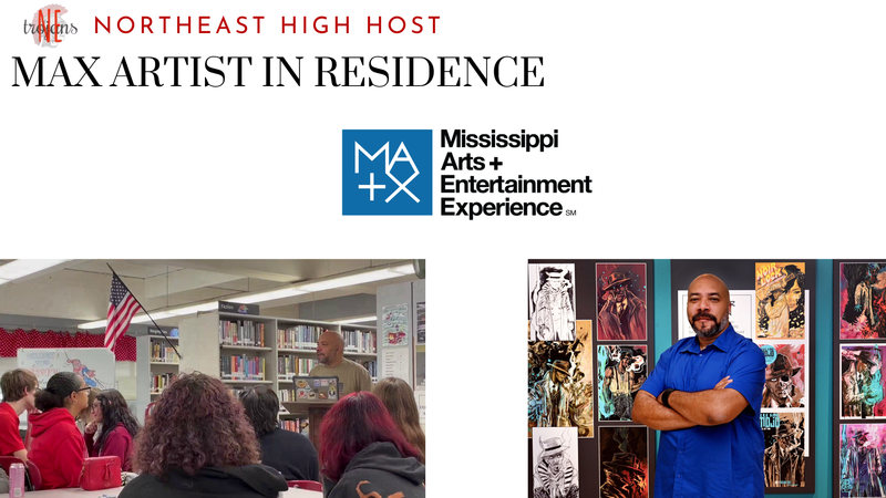 Mississippi Arts and Entertainment Experience Artist in Residence, John Jennings, speaking at Northeast High