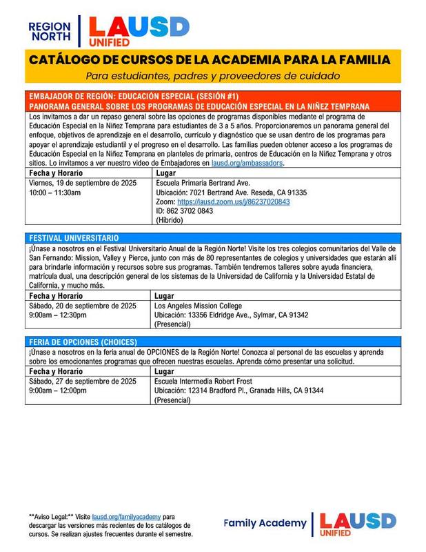 Region North Family Academy Flyer Page 2 Spanishh