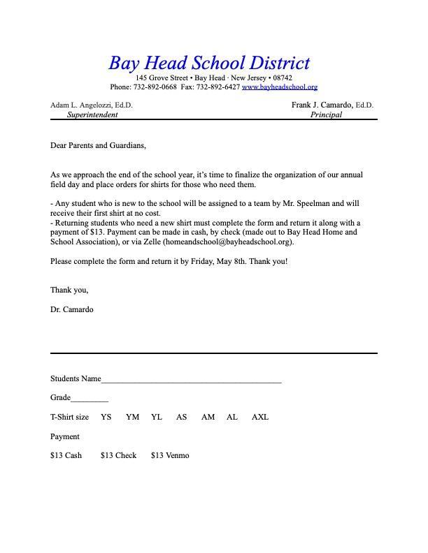 Field Day Shirt Order Form