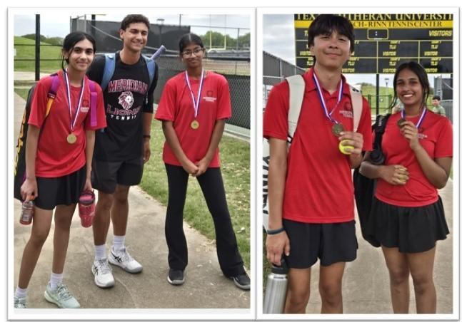 Students stand with tennis shirts and medals