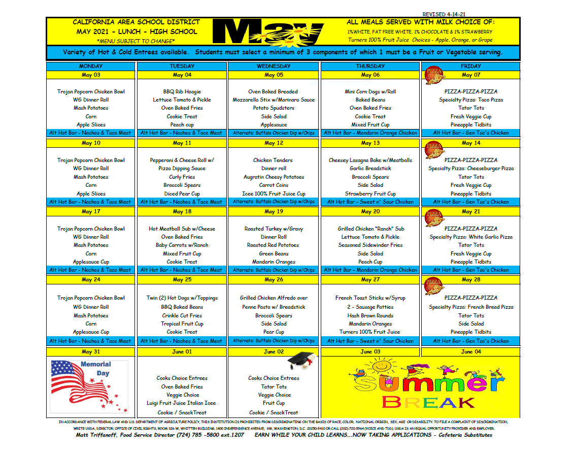 Menus Food Services California Area School District