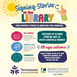 Event flyer for Signing stories at the Library with schedule details and location information