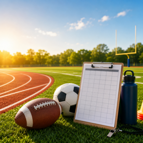 Football, soccer ball, and a practice clipboard on a sunny athletic field with a running track.