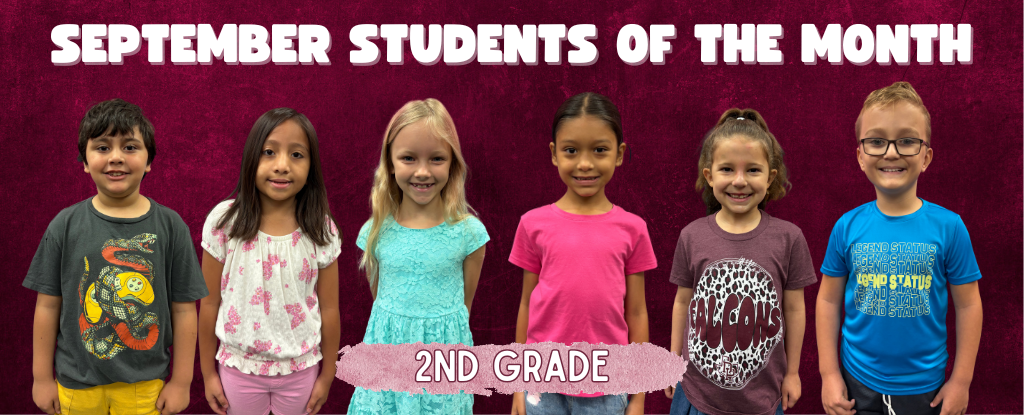 Six smiling 2nd grade students stand together, celebrating September's Students of the Month.