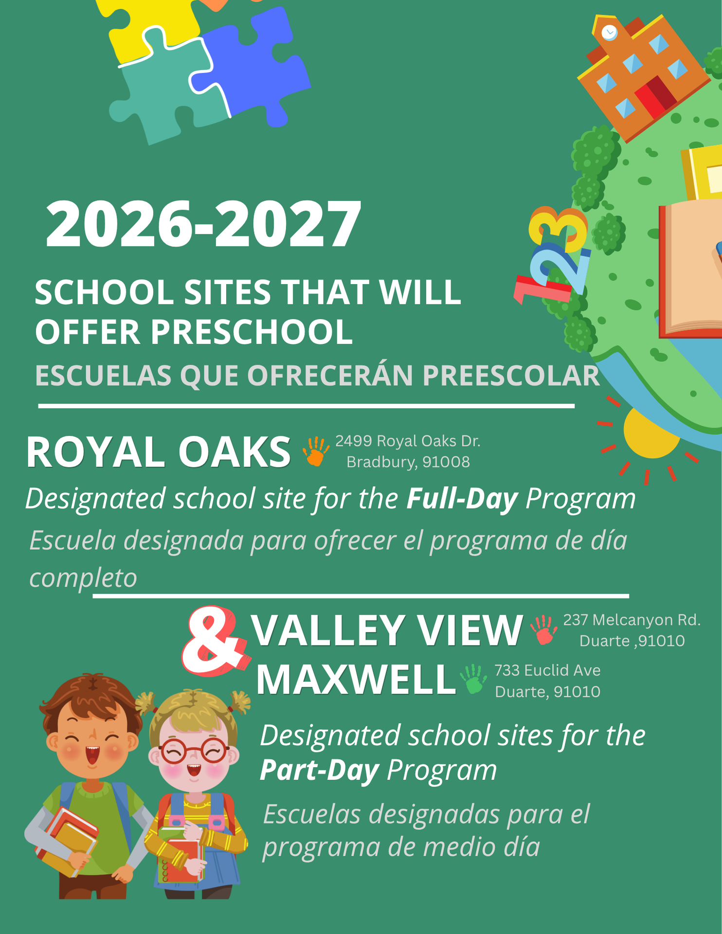 Flyer listing Royal Oaks, Valley View and Maxwell as the preschool site locations.