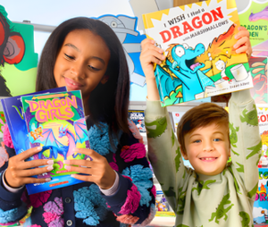 Scholastic Book Fair kids holding dragon-themed books