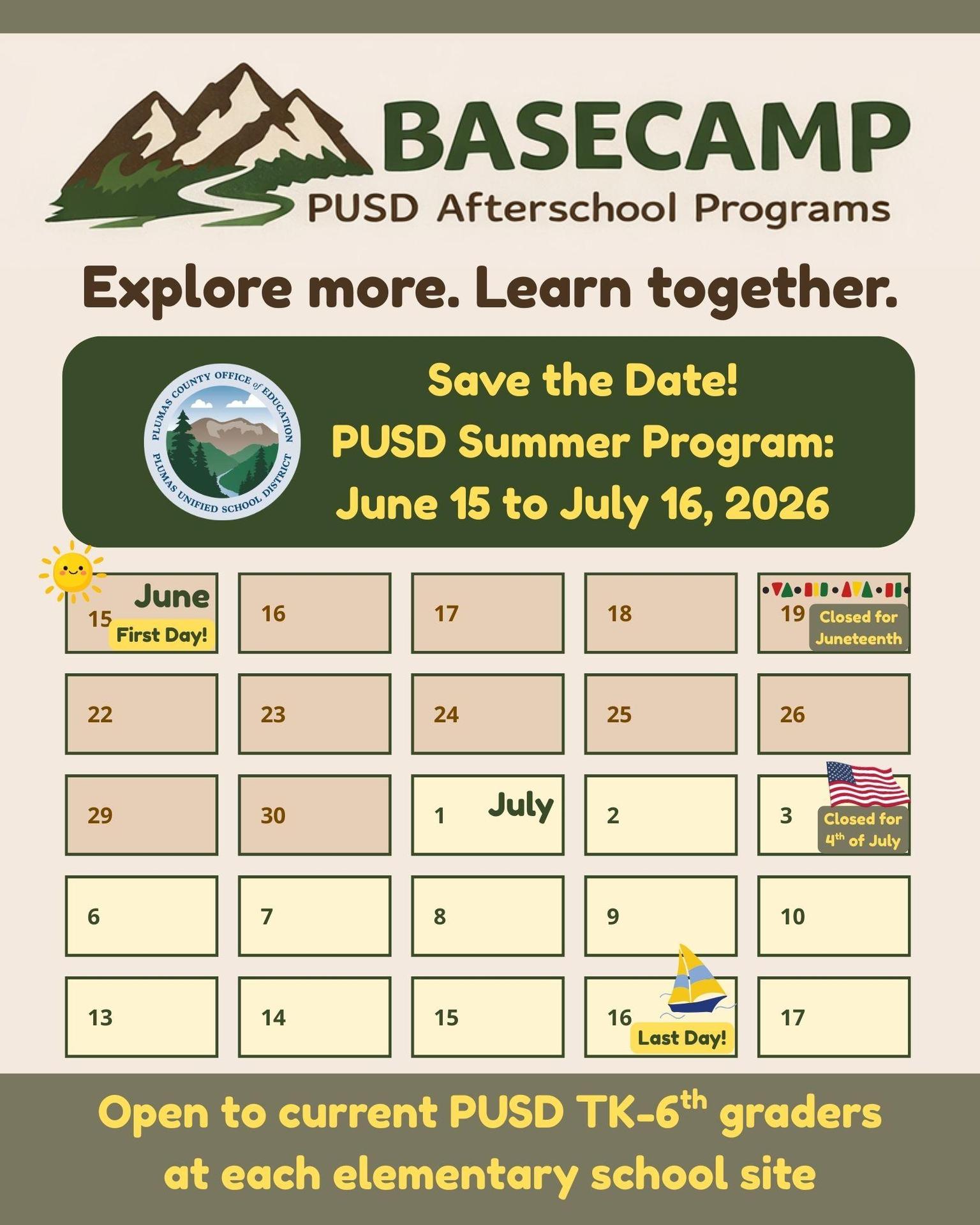PUSD summer program flyer with calendar dates June to July 2026