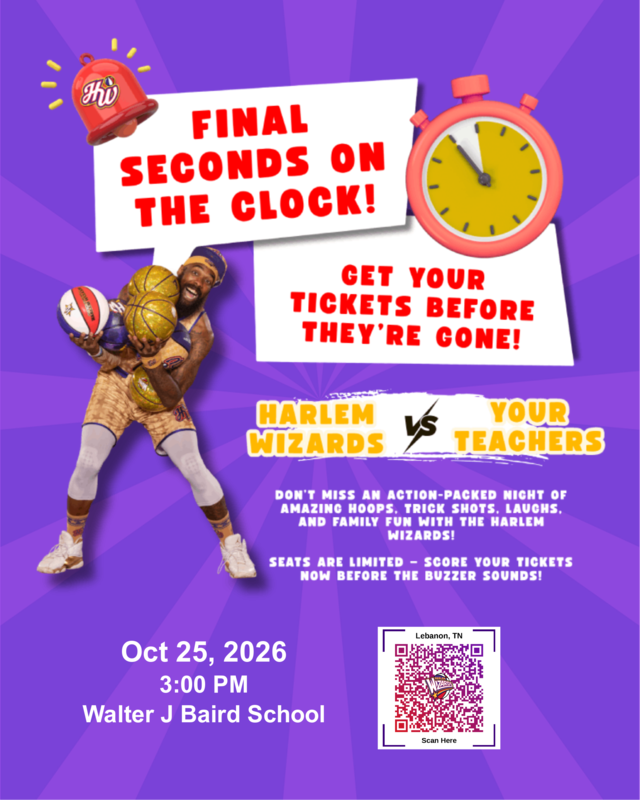 purple flyer with basketball player holding multiple basketballs. QR code to buy tickets.