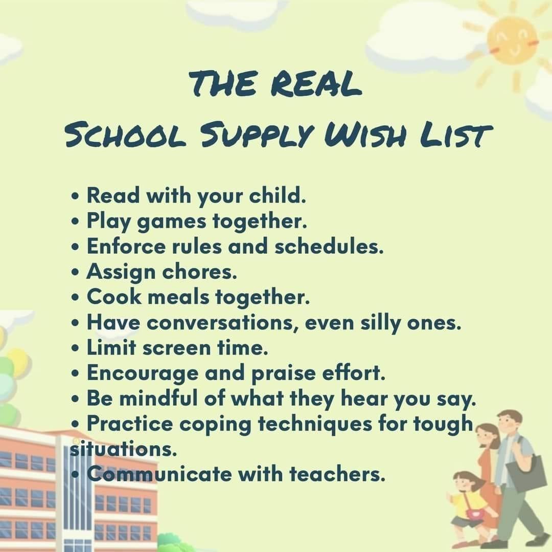 List of activities for a school supply wish list over a scenic backdrop.