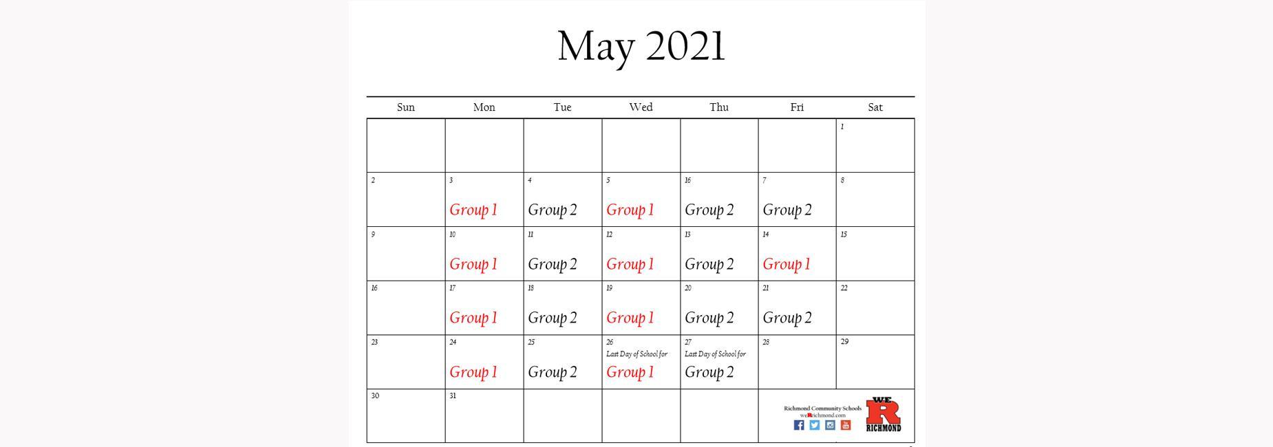 May 2021 Hybrid Calendar