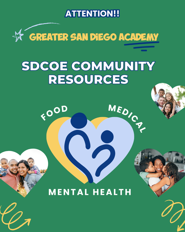 pictures of families, our logo, and the words food, mental health and medical around a heart