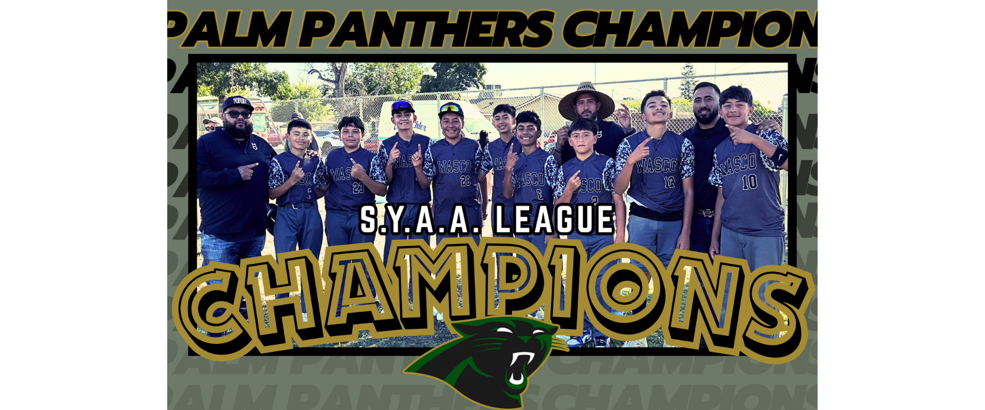 Youth baseball team celebrating their championship win with a trophy.