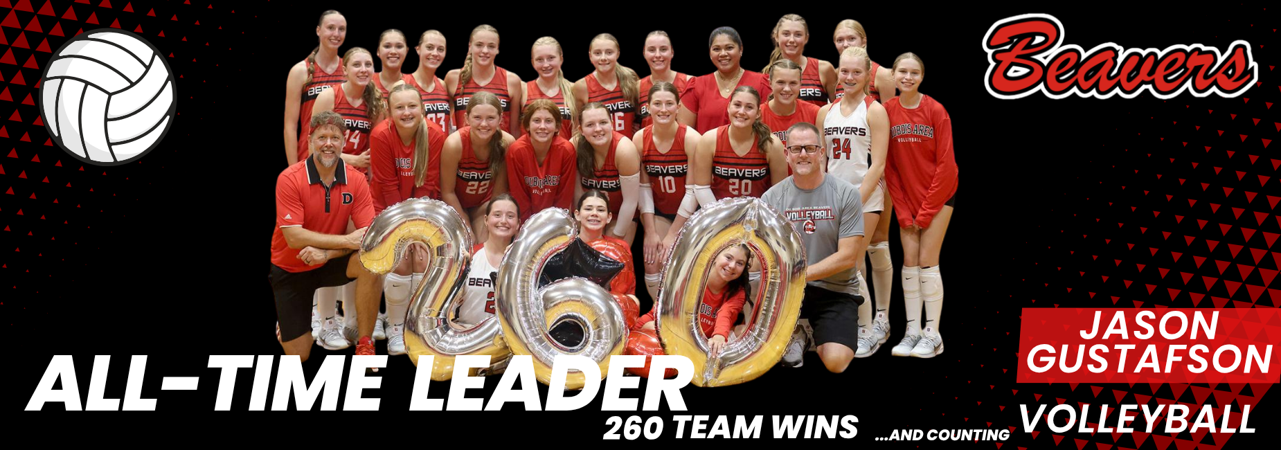 Volleyball team celebrating with balloons, highlighting 260 team wins.
