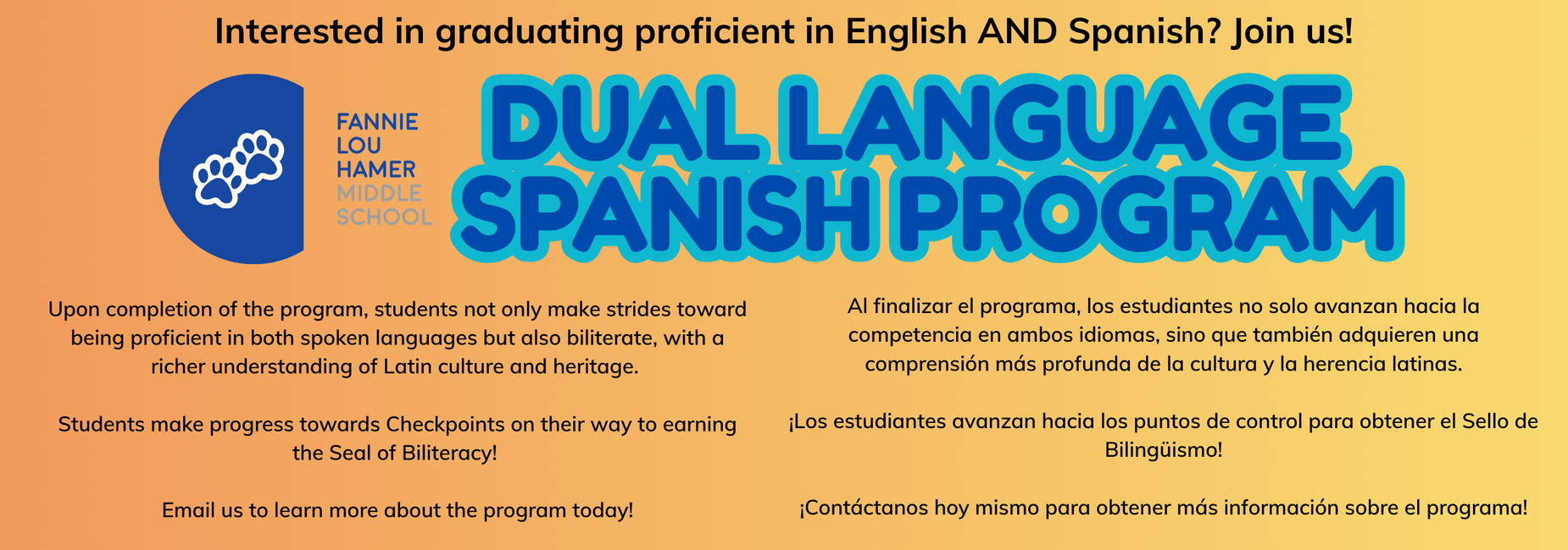 Join out Dual Language Spanish program. Reach out for details to enroll today.