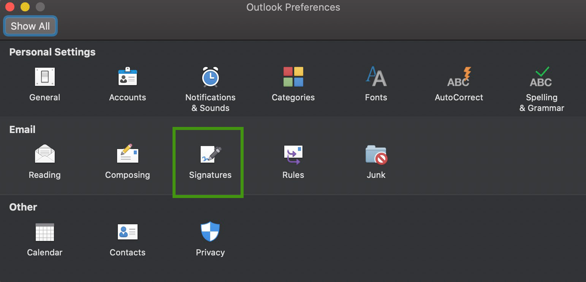 outlook signature preferences
