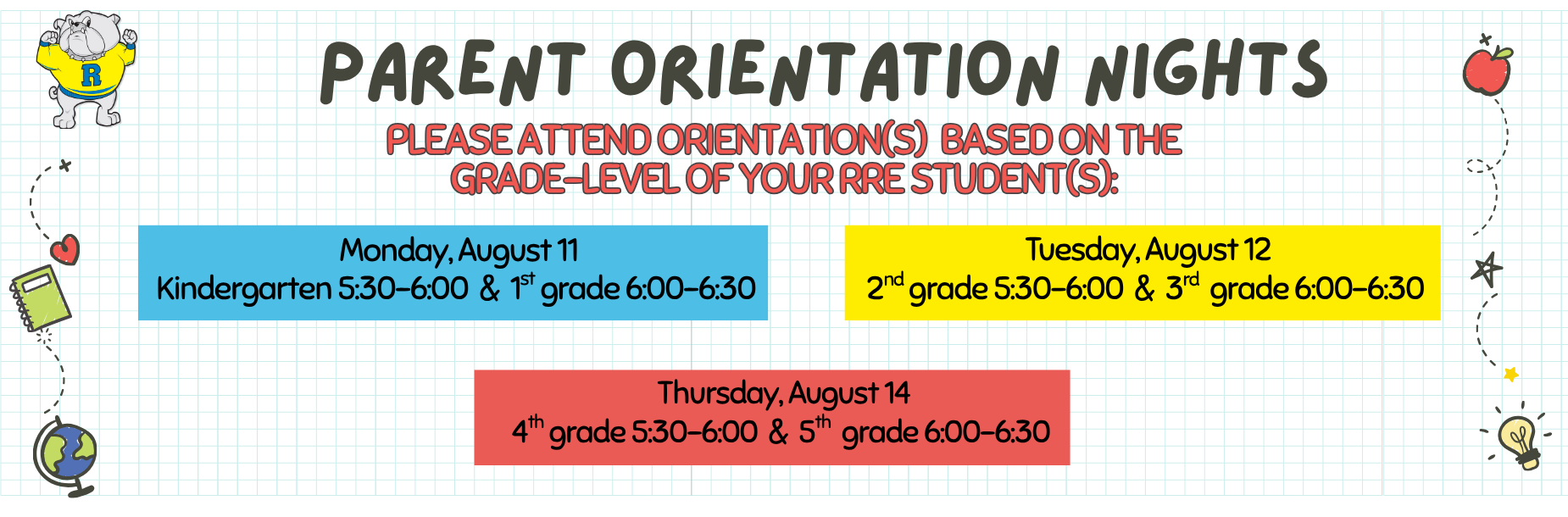 Schedule for Parent Orientation Nights with dates and grades listed.