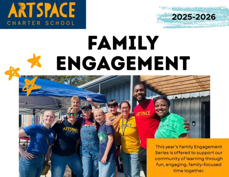 Newsletter front page, featuring the heading "Family Engagement, 2025-2026" and a picture of a group of staff, parents, and students