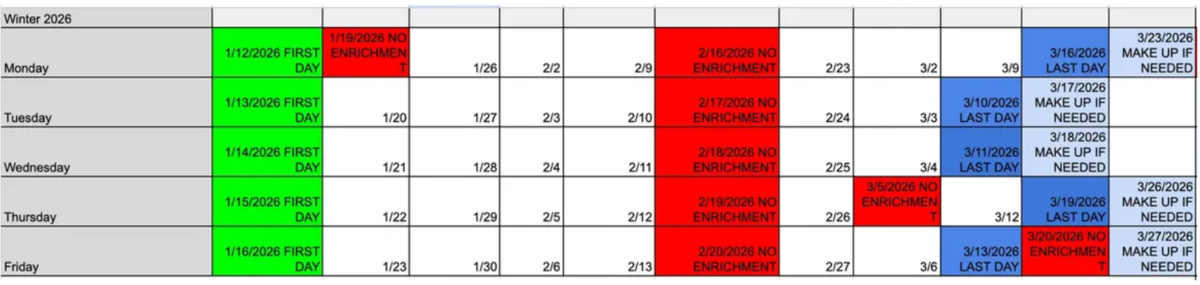 winter 2026 schedule